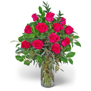 One Dozen Hot Pink Roses Flower Bouquet