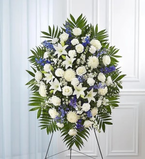 Blue & White Funeral Standing Spray Flower Bouquet