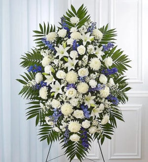 Blue & White Funeral Standing Spray Flower Bouquet