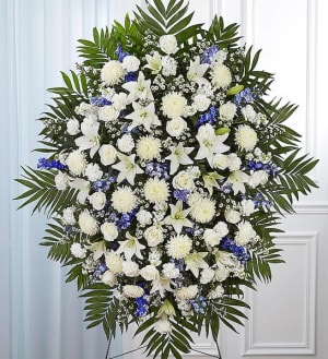 Blue & White Funeral Standing Spray Flower Bouquet