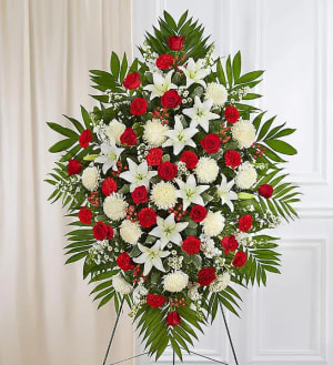 Red & White Sympathy Standing Spray Flower Bouquet