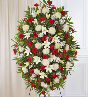 Red & White Sympathy Standing Spray Flower Bouquet