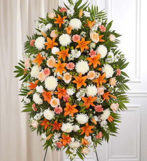 Peach, Orange & White Sympathy Standing Spray Flower Bouquet