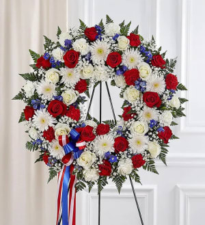 Serene Blessings™ Standing Wreath- Red, White & Blue Flower Bouquet