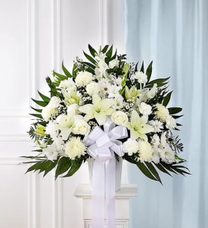 Heartfelt Sympathies White Funeral Standing Basket Flower Bouquet