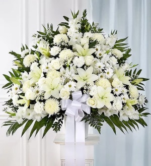 Heartfelt Sympathies White Funeral Standing Basket Flower Bouquet