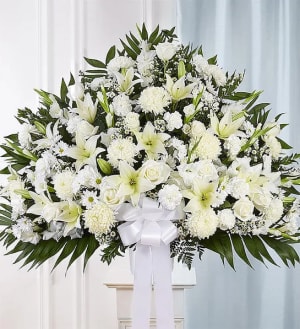 Heartfelt Sympathies White Funeral Standing Basket Flower Bouquet