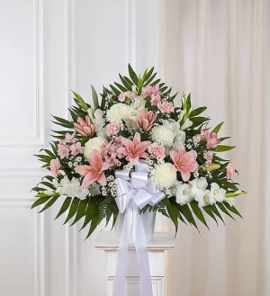 Heartfelt Sympathies™ Standing Basket- Pink &White Flower Bouquet