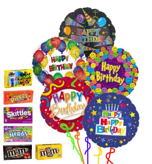 Five Happy Birthday Balloons with Candy Flower Bouquet