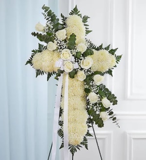 Peace and Prayers Standing Cross - White Flower Bouquet