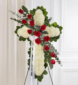 Peace & Prayers™ Red & White Standing Cross Flower Bouquet