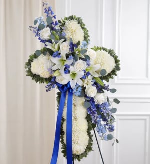 Peace & Prayers™ Blue & White Standing Cross Flower Bouquet