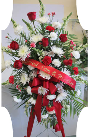 red and white standing spray Premium Flower Bouquet