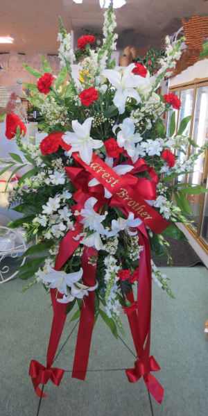 Adoring Heart Orchids and Lilies Standing Spray Flower Bouquet