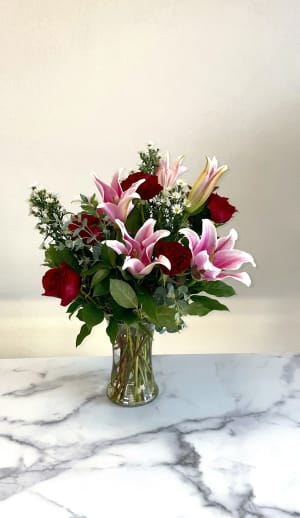 Lily & Rose Vase Arrangement - Deluxe Flower Bouquet