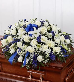 Blue & White Mixed Half Casket Spray Flower Bouquet