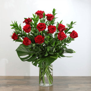 Red Roses with Modern Foliage (12) Flower Bouquet