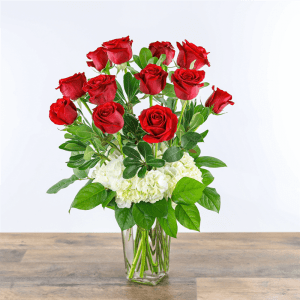 One Dozen Red Roses with Hydrangea Flower Bouquet