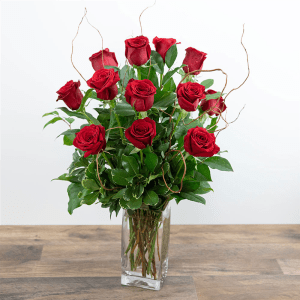 Dozen Red Roses with Willow Flower Bouquet