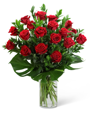 Red Roses with Modern Foliage (18) Flower Bouquet