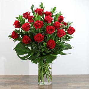 Red Roses with Modern Foliage (18) Flower Bouquet