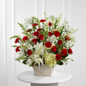 In Loving Memory Basket- White with Red Flower Bouquet