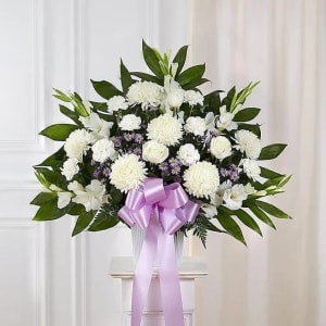 Heartfelt Sympathies Lavender & White Standing Basket Flower Bouquet