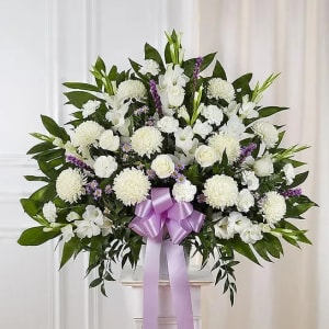 Heartfelt Sympathies Lavender & White Standing Basket Flower Bouquet