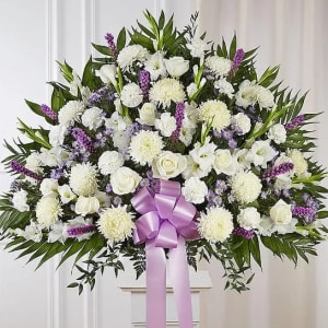 Heartfelt Sympathies Lavender & White Standing Basket Flower Bouquet