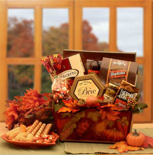 A Gourmet Fall Harvest Fall Gift Basket Flower Bouquet