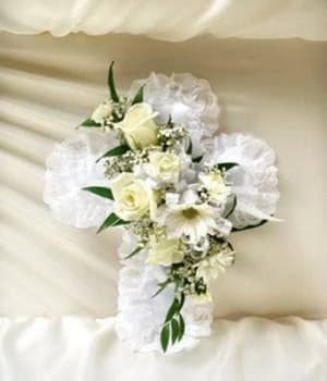 White Satin Cross Casket Pillow Flower Bouquet