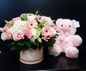 its a girl gift box and teddy bear Flower Bouquet