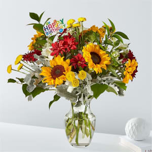 Prairie Sunrise Bouquet &amp; Happy Birthday Topper Flower Bouquet