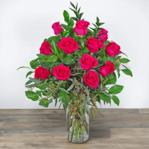 One Dozen Hot Pink Roses Flower Bouquet
