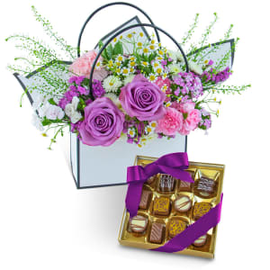 Roses and Chocolate Blooming Tote Ensemble Flower Bouquet