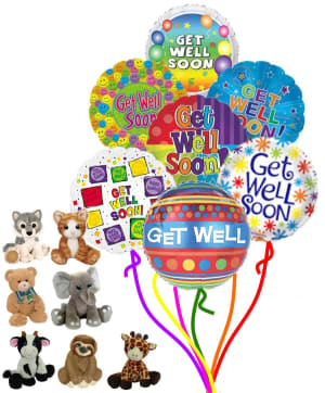 Seven Get Well Soon Balloons  With Choice of Plush Flower Bouquet