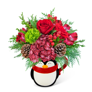 Send a Cranberry Hug Penguin Keepsake Mug Flower Bouquet