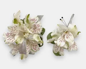 Timeless White Blossoms Wristlet and Boutonniere Set Flower Bouquet