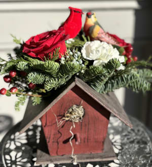 Cardinal Birdhouse Flower Bouquet