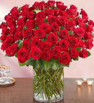 100 Premium Long Stem Red Roses in a Vase Flower Bouquet