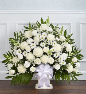 Heartfelt Tribute White Floor Basket Arrangement Flower Bouquet