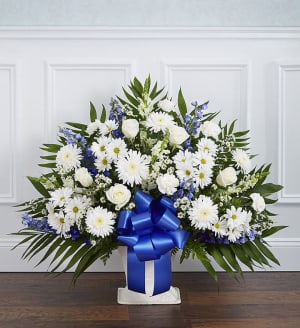 Heartfelt Tribute Blue & White Floor Basket Arrangement Flower Bouquet