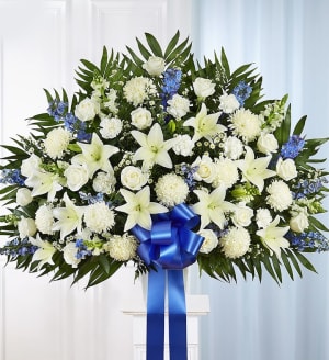 Heartfelt Sympathies Blue & White Funeral Standing Basket Flower Bouquet