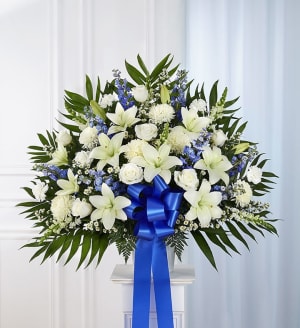 Heartfelt Sympathies Blue & White Funeral Standing Basket Flower Bouquet