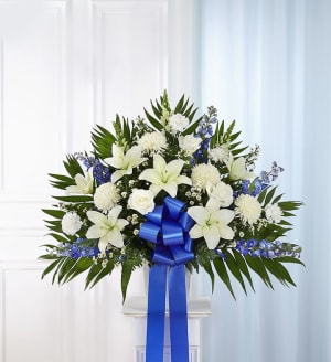 Heartfelt Sympathies Blue & White Funeral Standing Basket Flower Bouquet