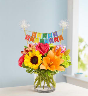 Floral Embrace with Happy Birthday Banner Flower Bouquet