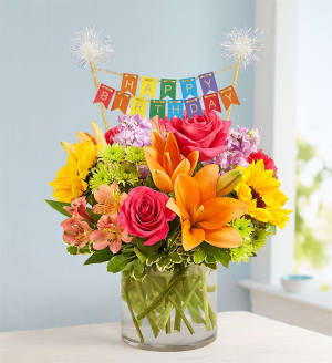 Floral Embrace with Happy Birthday Banner Flower Bouquet