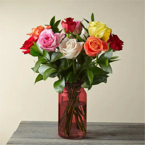 Mixed Roses with Red Vase Flower Bouquet