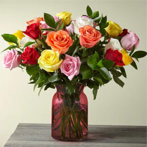 Mixed Roses with Red Vase Flower Bouquet