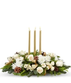 Frosty Evergreen and Rose Centerpiece Flower Bouquet